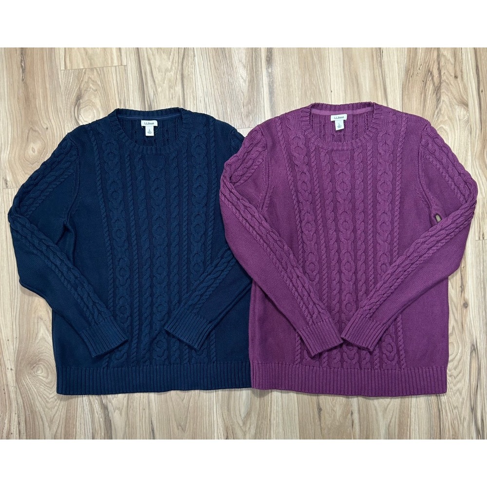 L.L.Bean Fisherman Cable Knit Sweater SET/2 Womens L Crewneck Navy Purple Cotton